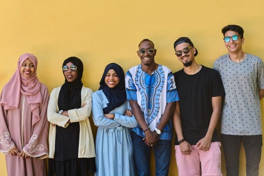 A diverse group of African-American and Middle Eastern teenagers stand confidently in front of a vibrant yellow wall, showcasing unity and urban style