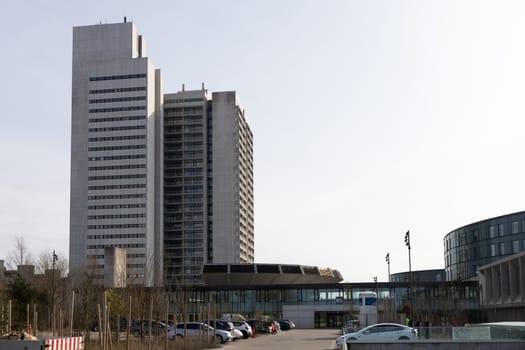 Tall modern hospital building in Herlev, Denmark. Healthcare concept. Herlev, Denmark - April 1, 2024