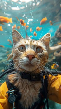 A Felidae organism, a carnivore with whiskers and a snout, is swimming underwater with fish. The small to mediumsized cat is wearing a life jacket in electric blue