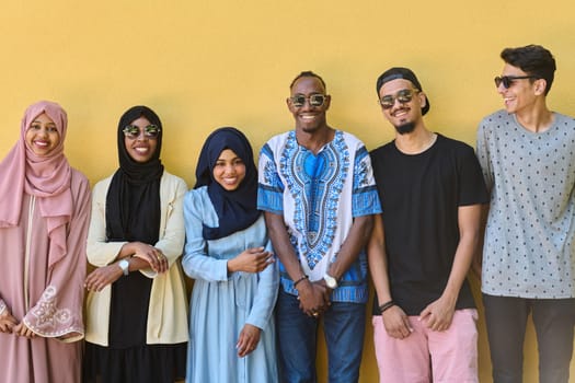 A diverse group of African-American and Middle Eastern teenagers stand confidently in front of a vibrant yellow wall, showcasing unity and urban style