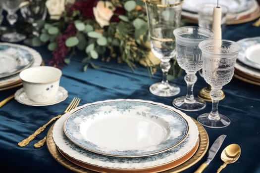 Formal holiday tablescape with blue decor, dinner table setting, table scape with elegant tableware and dinnerware for wedding party and event, post-processed, generative ai