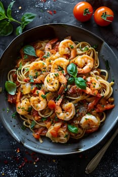 A dish of spaghetti with shrimp, plum tomatoes, and basil leaves served on a table. This Italian cuisine recipe uses fresh produce and plantbased ingredients