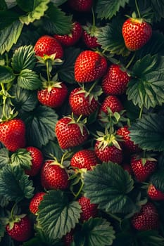 A cluster of juicy strawberries, a seedless fruit, ripening on a woody plant with green leaves. These berries are a natural food and an accessory fruit