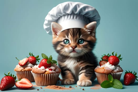 cute cat chef with berry muffins .