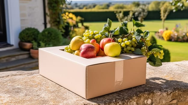 Food delivery, postal service and online grocery shopping, fruit box with fresh organic fruits from a local farm on a house doorstep in the countryside, post-processed, generative ai