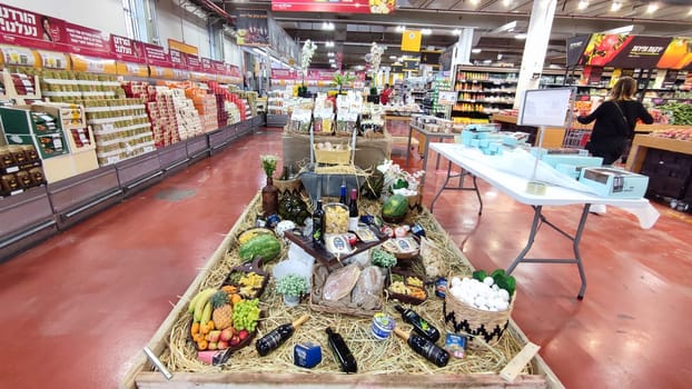 Beer Sheva Negev Israel May 7, 2023 - a set of products for the Israeli holiday of Shavuot in the supermarket. High quality photo