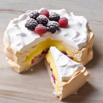 Meringue cake pudding with lemon curd sauce and berries as food, bakery and holiday baking recipe, post-processed, generative ai