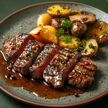 A delicious dish featuring steak, potatoes, and mushrooms placed on a table. This mixed grill cuisine includes beef cooked to perfection with roasted ingredients