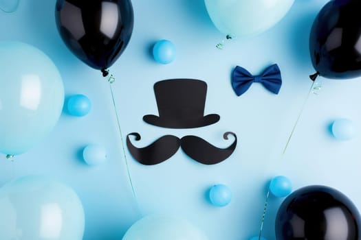 Elegant balloon decor with top hat, bow tie, and mustache on blue background for stylish event decoration