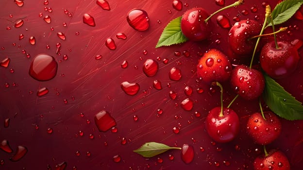 A bunch of cherries, a seedless fruit, glisten with water drops on top, placed on a vibrant red surface. The natural food is moist and fresh, showcasing a fluid and vibrant look