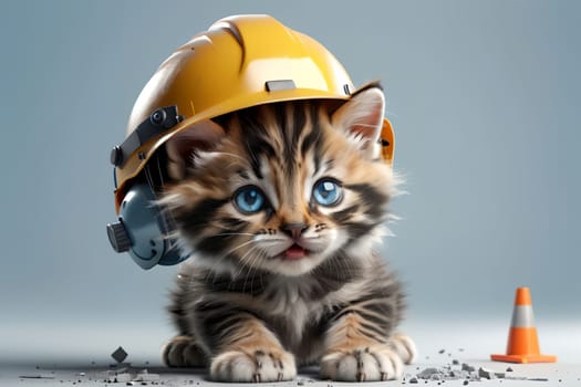 Cute cat in a construction helmet, builder .