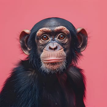 A common chimpanzee, a terrestrial primate, gazes at the camera with its wrinkled snout. Its fur stands out against the pink background, showcasing its wildlife beauty