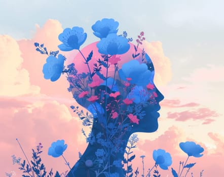 Woman with flowers in hair and clouds in background beauty and serenity in nature's embrace