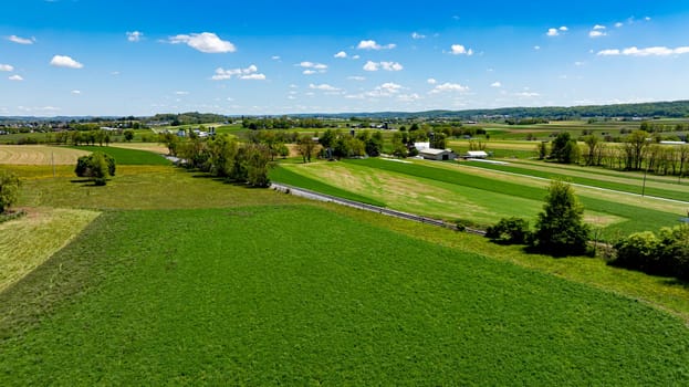 Stunning aerial view capturing a diverse agricultural landscape with fields of varying shades of green, a small road, and distant buildings under a sky dotted with clouds.