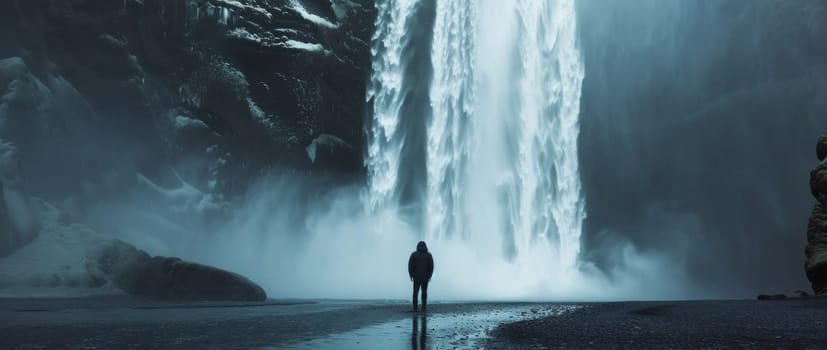 Adventure traveler standing in awe of majestic waterfall surrounded by nature's beauty and tranquility