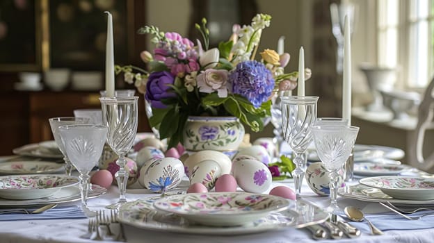 Easter tablescape decoration, floral holiday table decor for family celebration, spring flowers, Easter eggs, Easter bunny and vintage dinnerware, English country and home styling