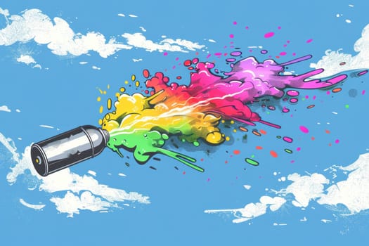 Colorful spray paint splashes in the sky with clouds artistic background for creativity and inspiration in travel and beauty