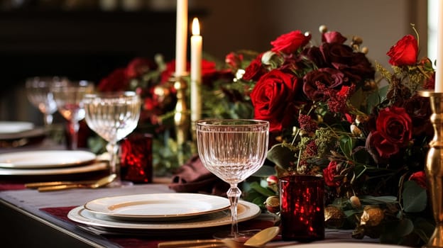 Christmas table decor, holiday tablescape and dinner table setting, formal event decoration for New Year, family celebration, English country and home styling inspiration