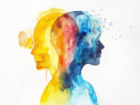 Abstract watercolor painting of two people heads with blue, yellow, and red faces art, beauty, diversity theme