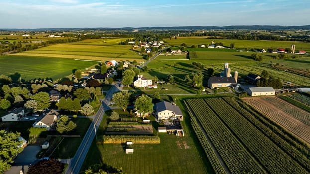 An Aerial View of Rural Community with Homes, Gardens, and Farmland