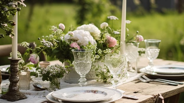 Table decor, holiday tablescape and dinner table setting in countryside garden, formal event decoration for wedding, family celebration, English country and home styling inspiration