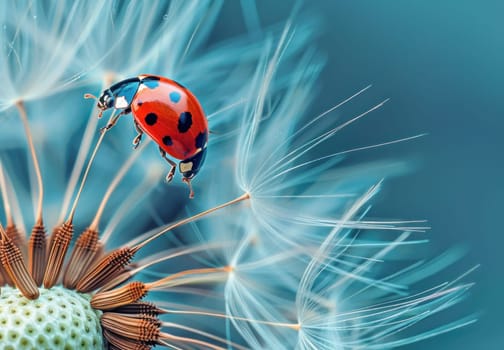 Ladybug perched on dandelion with blue sky in background, nature beauty and serenity concept