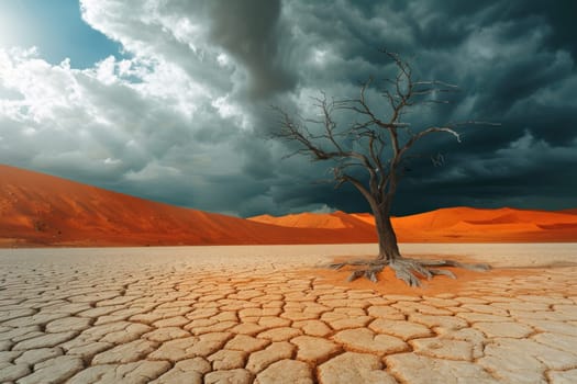 Desolate landscape a dead tree in the arid desert under a stormy sky