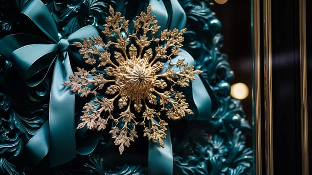 Christmas decoration details on English styled luxury high street city store door or shopping window display, holiday sale and shop decor inspiration