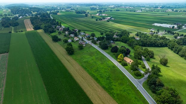 An Aerial View of Rural Road and Farmlands in Countryside