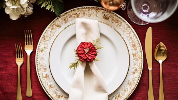 Christmas table decor, holiday tablescape and dinner table setting, formal event decoration for New Year, family celebration, English country and home styling inspiration