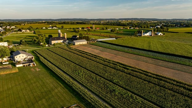 An Aerial View of Rural Farmland and Buildings at Dusk