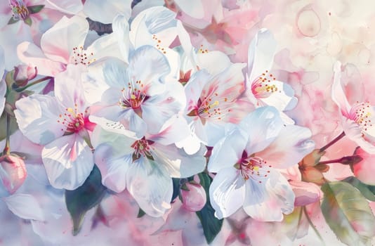 Floral elegance exquisite watercolor painting of delicate white flowers on a soft pink backdrop