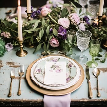 Floral wedding table decor, holiday tablescape and dinner table setting, formal event decoration for wedding reception, family celebration, English country and home styling inspiration