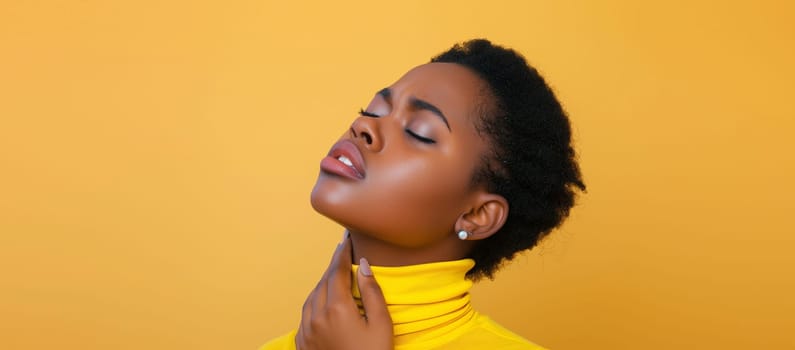 Portrait of sick exhausted african young woman suffering from acute sore in throat flu, touches her neck with hand, she feels bad