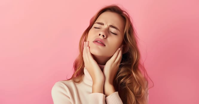 Portrait of unhappy young woman suffers from toothache, pain in teeth, dental hygiene or oral health, patient frowning touches his cheek on pink background