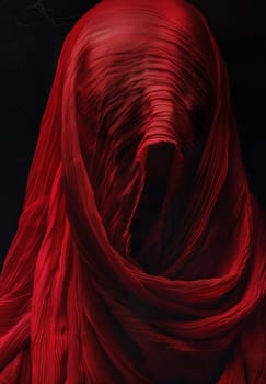 Woman in red shawl covering her head and face standing outdoors in a cultural fashion statementiveculture and tradition in photography