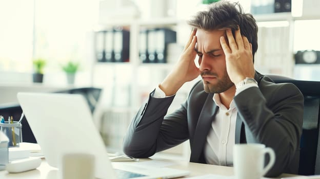 Portrait of exhausted tired businessman with headache, stress, fatigue, temples pain, suffers from migraine, tension in the head in the office