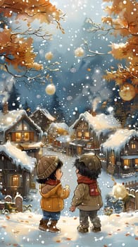 Two children are playing in the snow in front of a picturesque village covered in white. The scene looks like a winter painting come to life