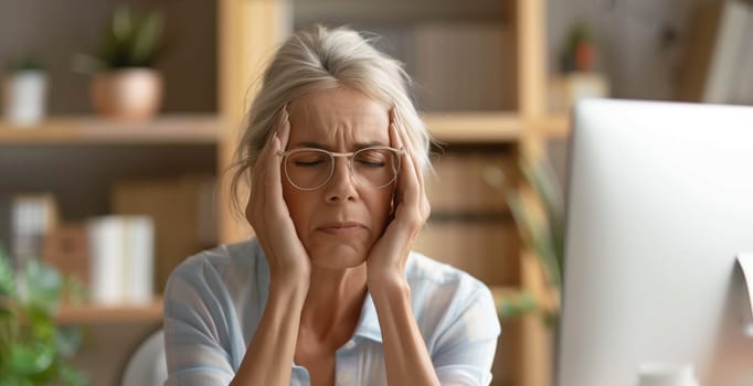 Portrait of exhausted tired mature woman employee with headache, stress, fatigue, temples pain, suffers from migraine, tension in the head in the office