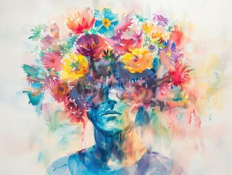 Man with flower crown in watercolor painting as a symbol of beauty and artistry