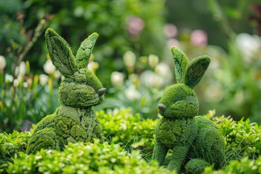 Grassy rabbits relaxing in vibrant garden surrounded by flowers and shrubs