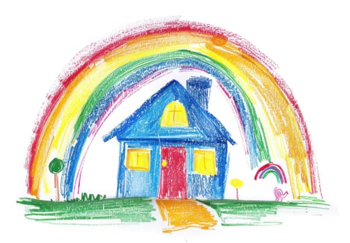 Child's drawing of a colorful house with rainbow sky and tree in front, symbolizing happiness and imagination