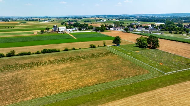 An Aerial View of Agricultural Fields and Rural Community