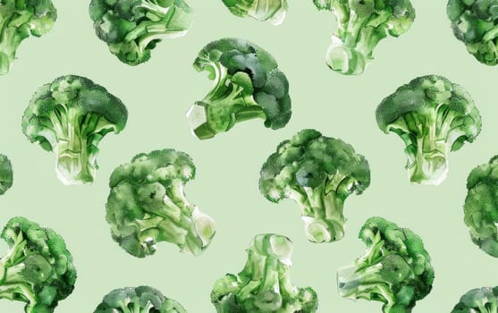 Green broccoli seamless pattern on watercolor background for health and wellness concept