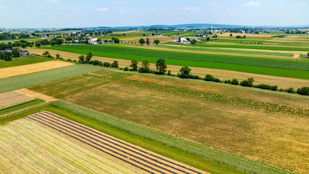 An Aerial View of Agricultural Fields and Rural Community