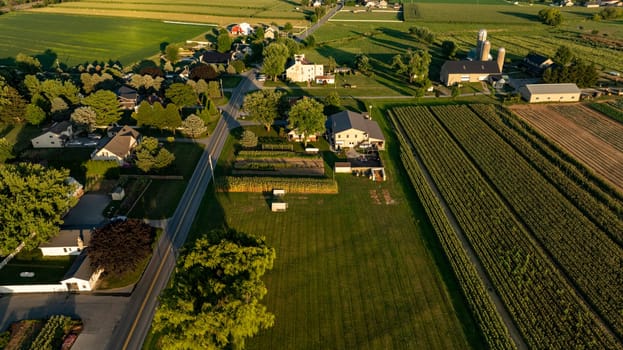 An Aerial View of Rural Community with Homes, Gardens, and Farmland