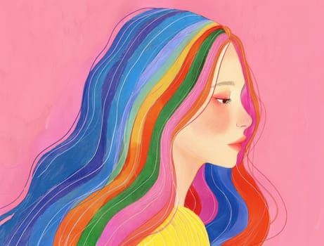 Woman with long hair and rainbow colored streak in fashionable illustration for beauty and art enthusiasts