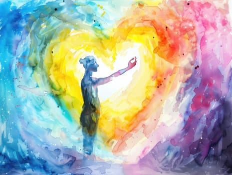 Heartfelt connection man holding heart against vibrant rainbow background, symbolizing love, hope, and happiness in art concept medley