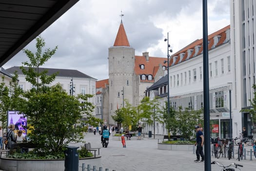 Street of the old Danish town of Aalborg, Denmark - Oktober 1, 2023.