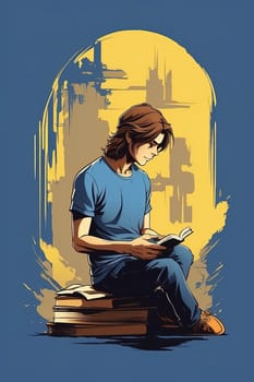 Young man sitting on a pile of books and reading a book. Vector illustration. Generative AI.